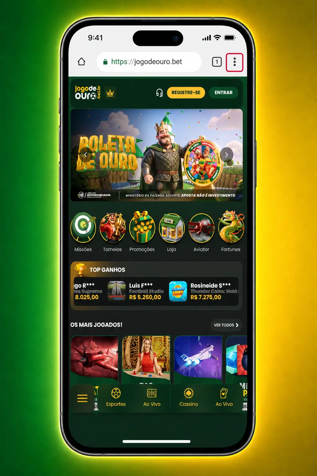 Tela do aplicativo PWA Jogo de Ouro no Android