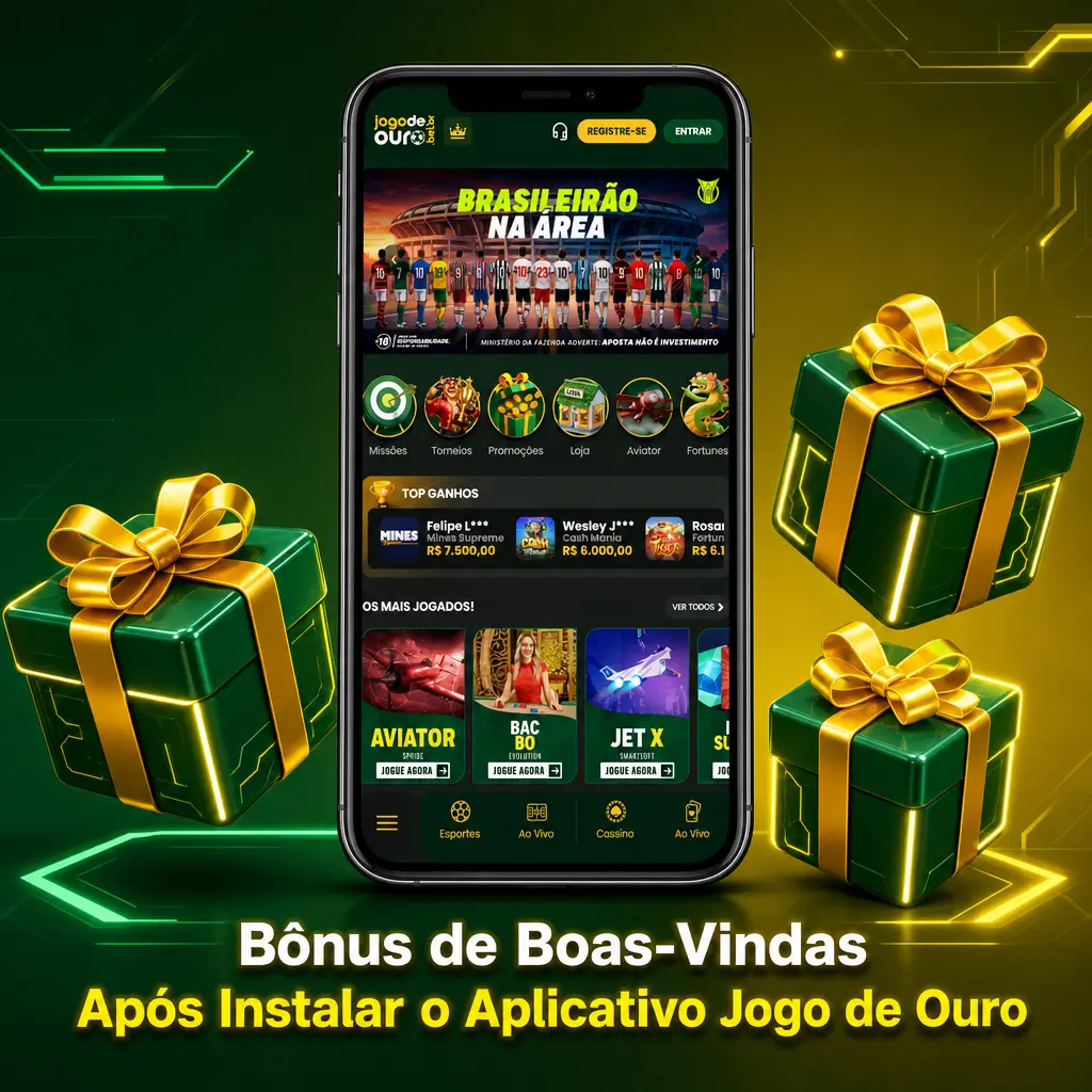 Tela do aplicativo Jogo de Ouro mostrando o bônus de boas-vindas