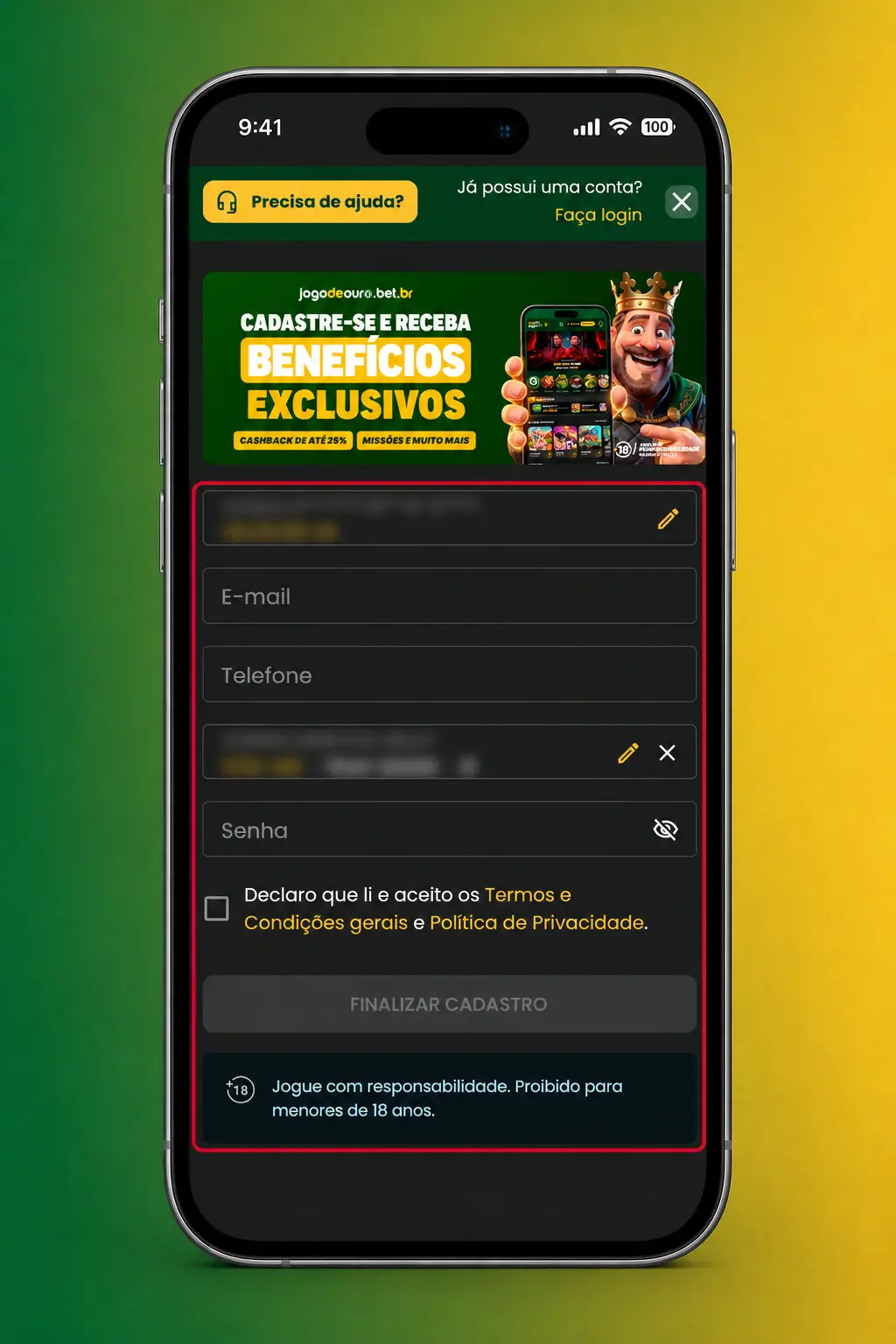 Tela do aplicativo mobile do Jogo de Ouro mostrando o menu de apostas esportivas